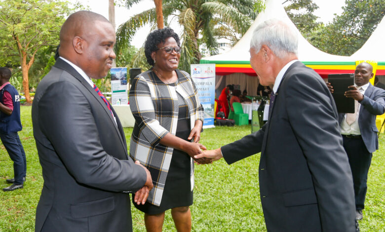 The Japanese Ambassador to Uganda Fukuzawa Hidemoto greeting KCCA executive director Dorothy Kisaka. Looking on is Kampala Lord Mayor Erias Lukwago (Courtesy photo).